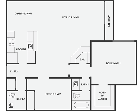 Floor plan for 2 beds, 1.5 baths, 967 sqft
